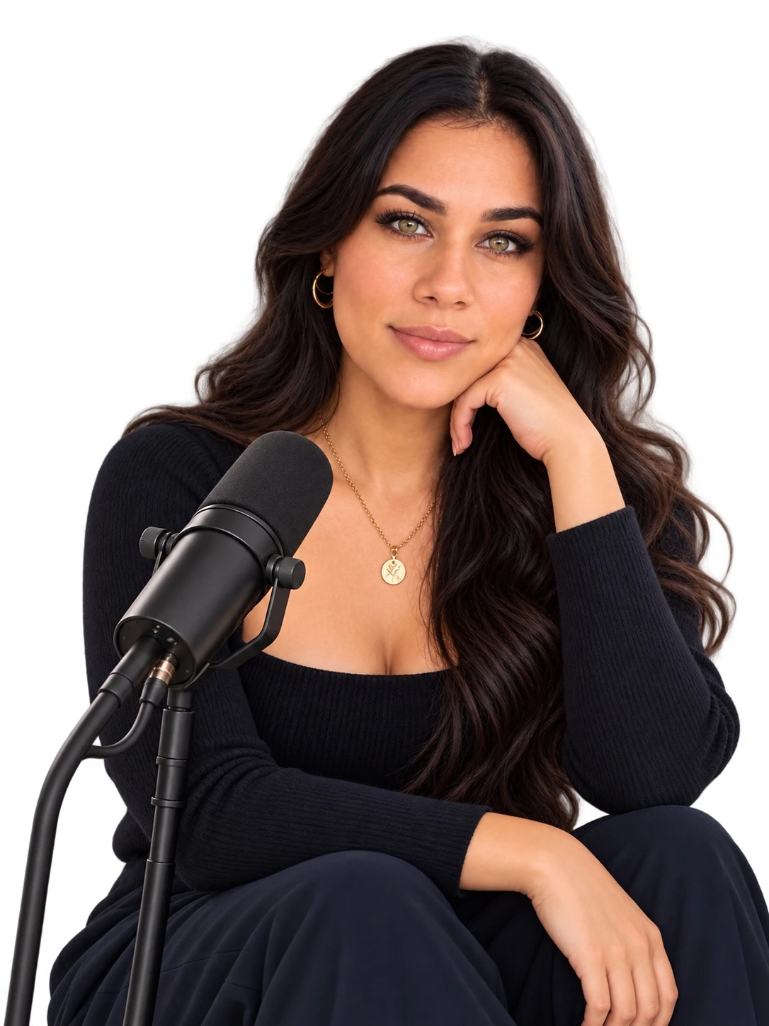Dailin junto al micrófono del podcast, sentada y mirando a cámara